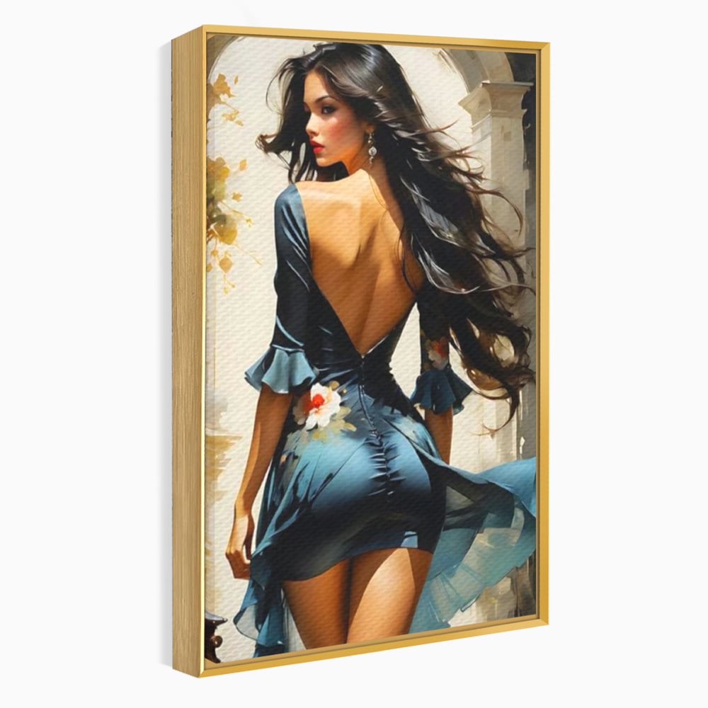 Tablou canvas cu tablou canvas cu femeie in rochie albastra, in rama de aluminiu auriu